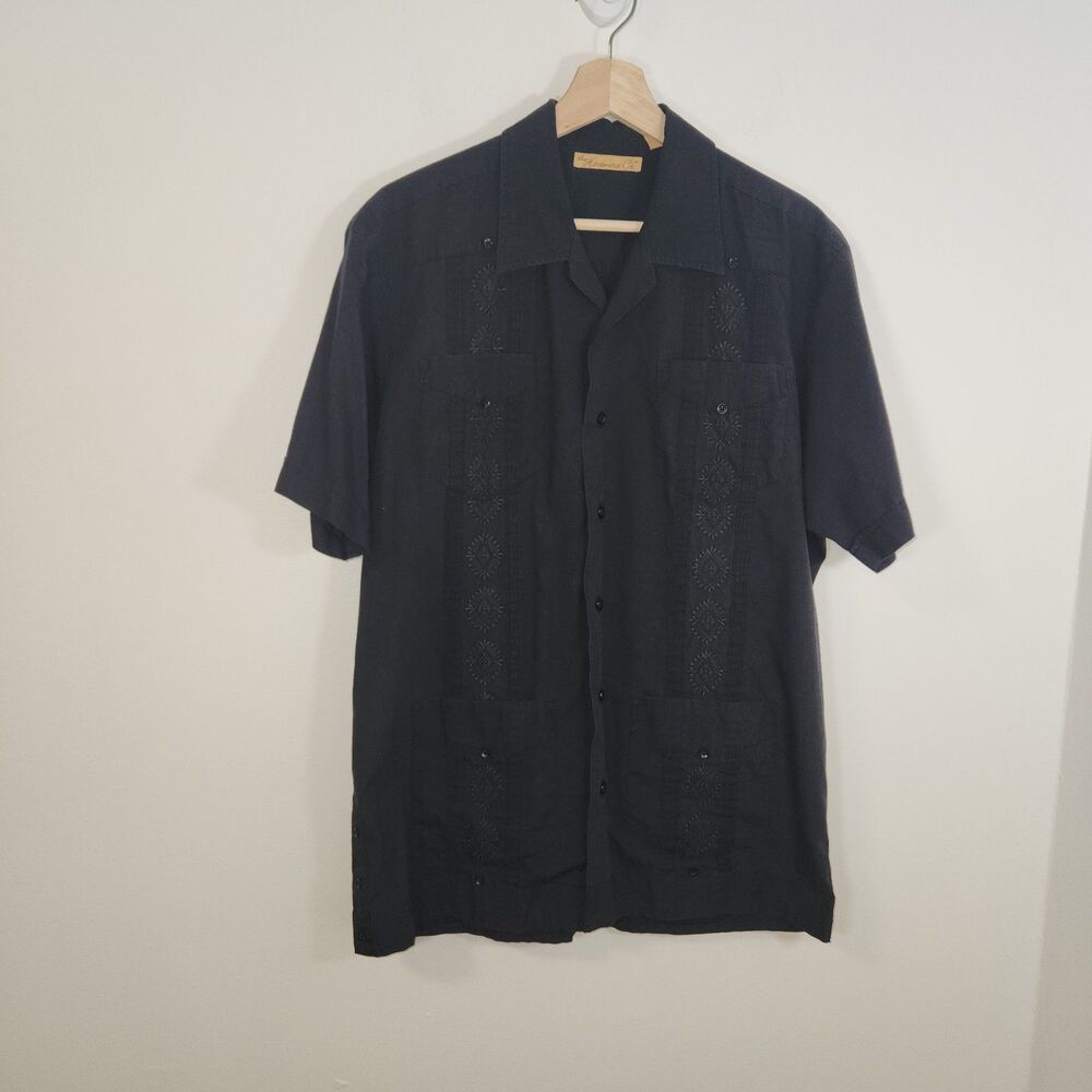 Men's Cuban Beach Wedding Casual Short Sleeve Guayabera Black Dress Shirt MEDIUM